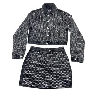 Windsor Denim Jacket & Skirt 2 Piece Set Small Black Rhinestones All Over New